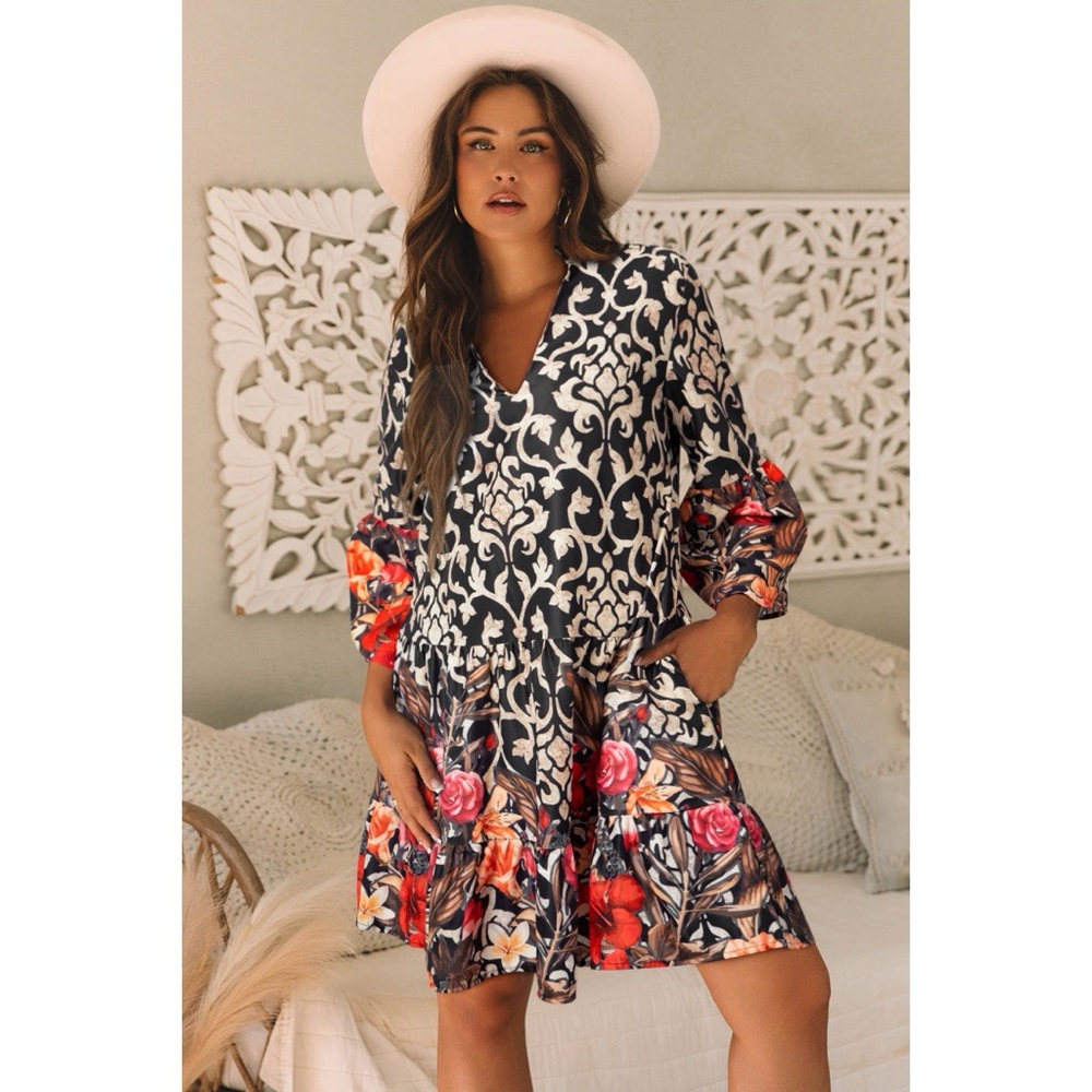 Floral Mixed Print Split Neck A-line Dress